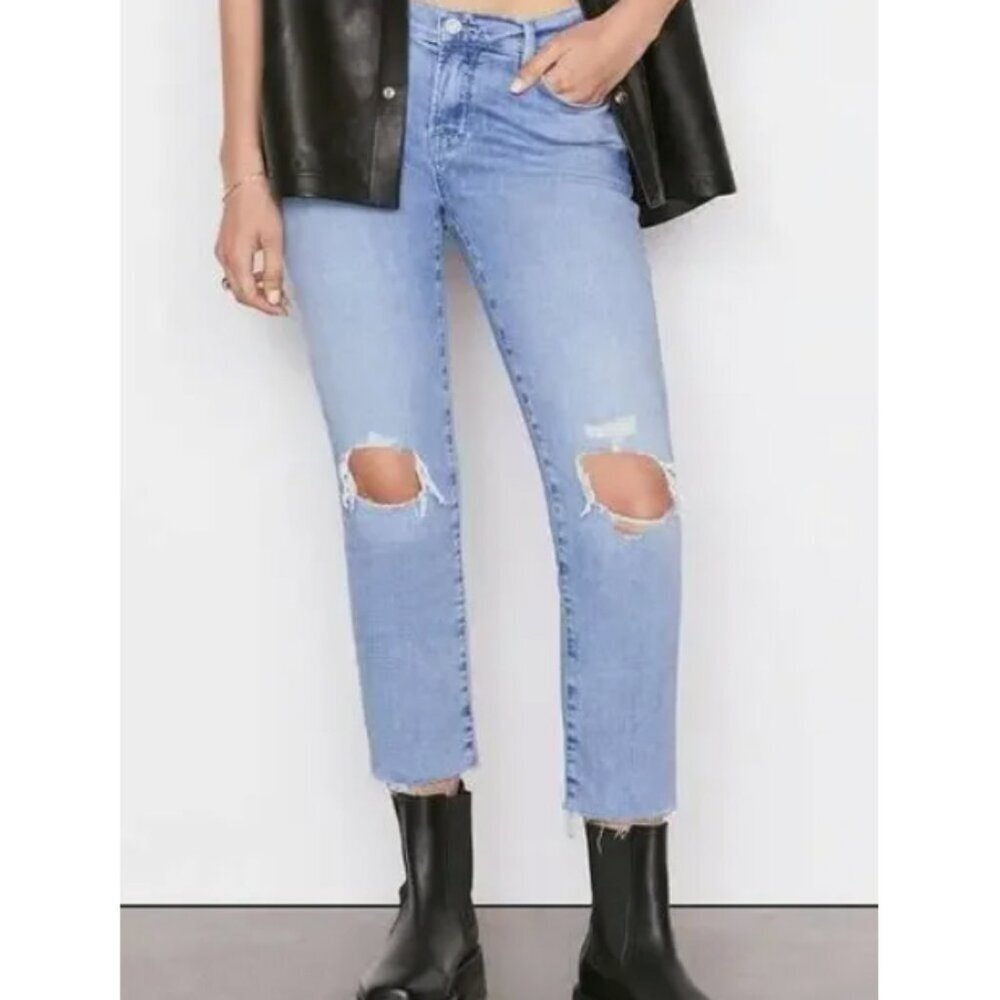 Frame Le Garcon Crop Jeans Mid Rise Straight Fit In Cebu Rips Size 31 Light Wash